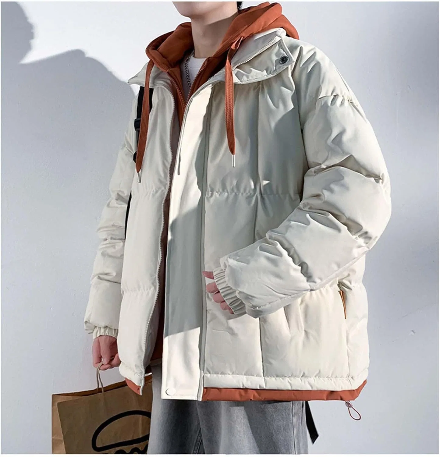 Мужское зимнее пальто с принтом Color Block Zip up Long Sleeve Hood Puffer, белый — фото 3
