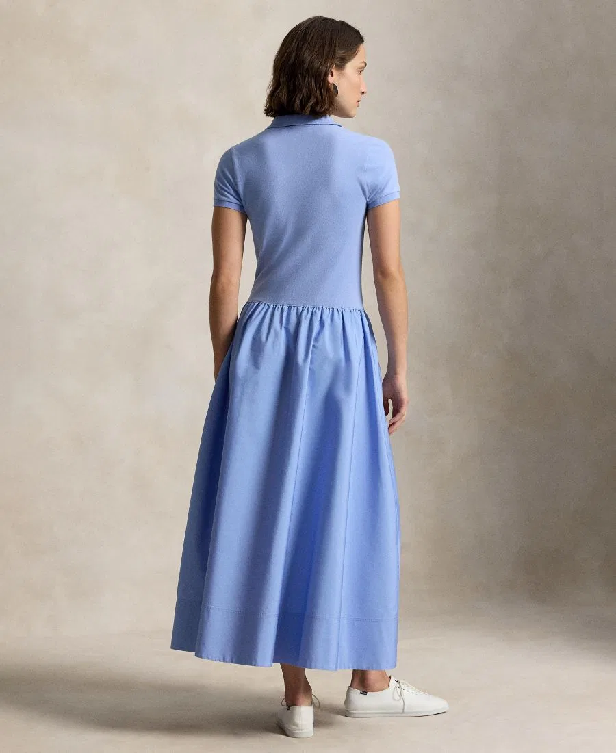 Женское платье-поло из сетки с юбкой из хлопка Hybrid Mesh Polo Collar A-Line Dress Polo Ralph Lauren, Dress Shirt Blue — фото 4