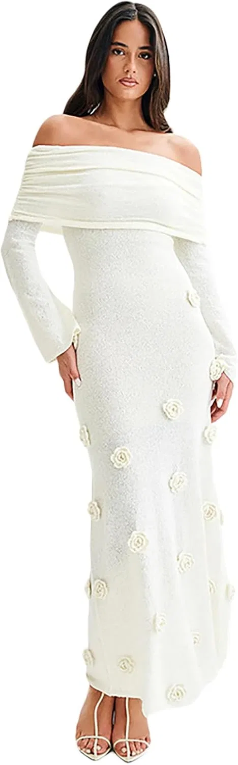 Женское платье-макси с открытыми плечами вязаное кружевное Bodycon, White — фото 2