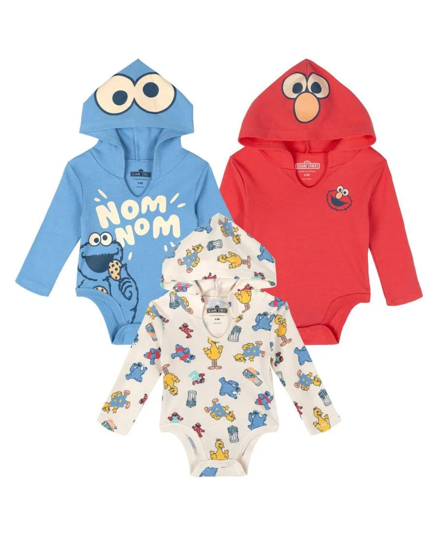 Комплект боди с капюшоном с длинным рукавом, 3 предмета Sesame Street, Blue Cream Red
