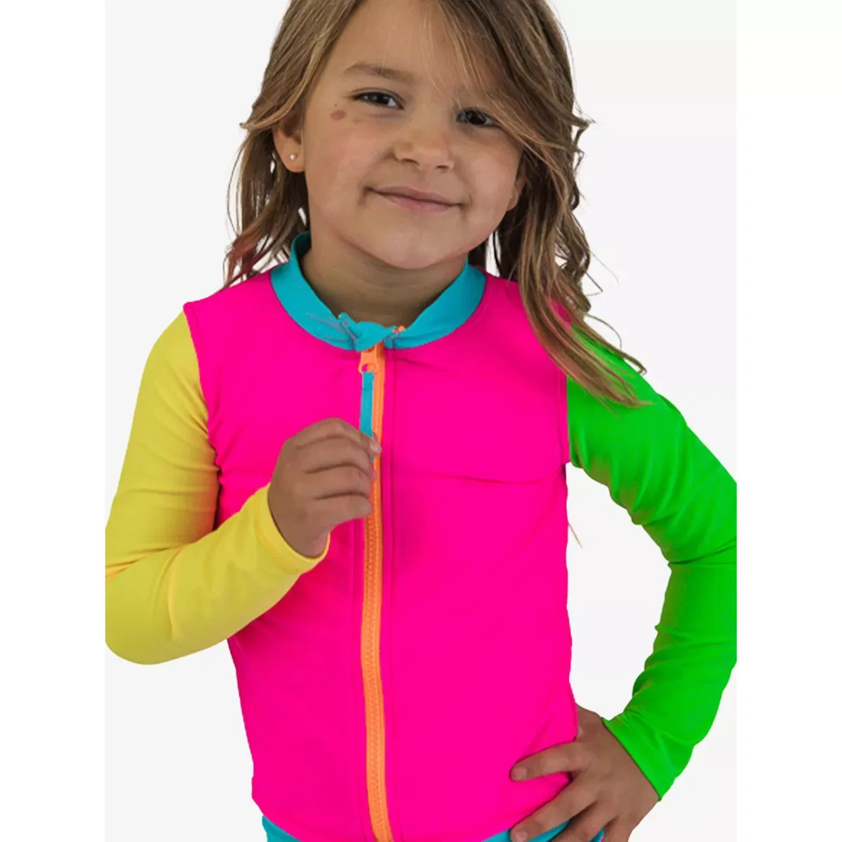 Детский рашгард с длинным рукавом на молнии RuffleButts, Neon Color Block — фото 3