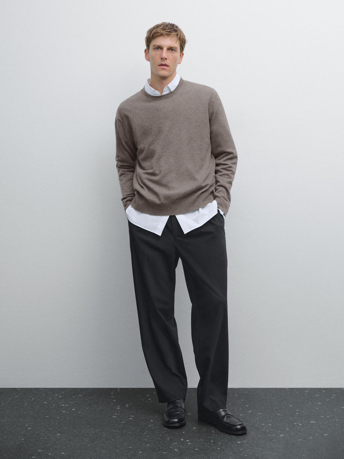 

Кашемировый вязаный свитер с круглым вырезом Massimo Dutti, Dark Khaki