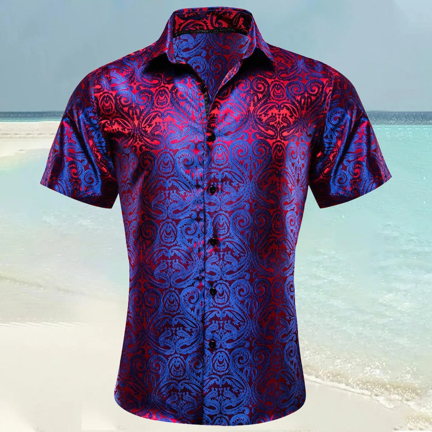 Мужская рубашка с коротким рукавом с принтом Paisley Shiny Satin Baroque Design, Dark Blue — фото 2