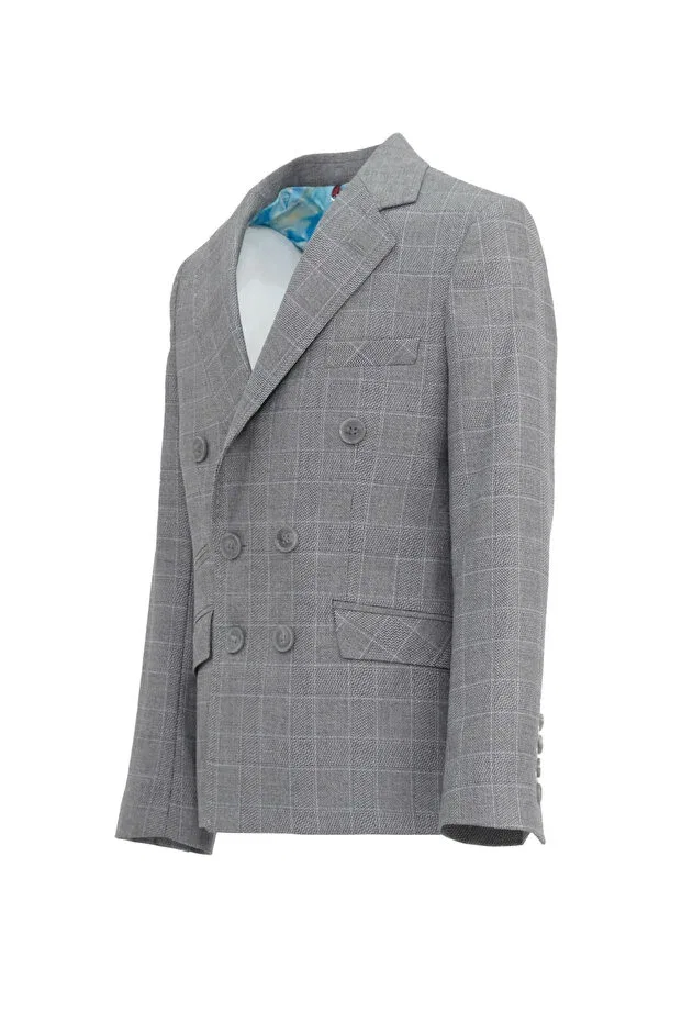 Детский для девочек пиджак с принтом Boy'S gray plaid patterned wide collar half patterned lined double-breasted sports blazer jacket Micio, Gray — фото 3