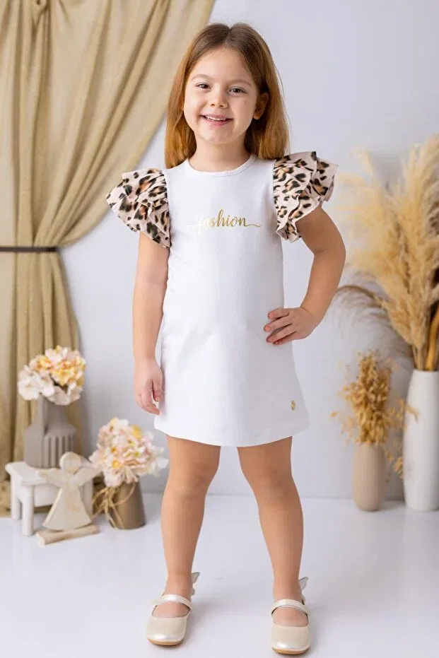 Детское платье для девочек с коротким рукавом-воланом My little one's leopard flared sleeves fashion girl's dress Minigimin Cicileri, White-78093