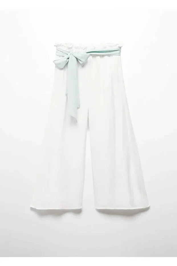 Детские брюки для девочек хлопковые Bamboo tie detailed trousers Mango Kids, White