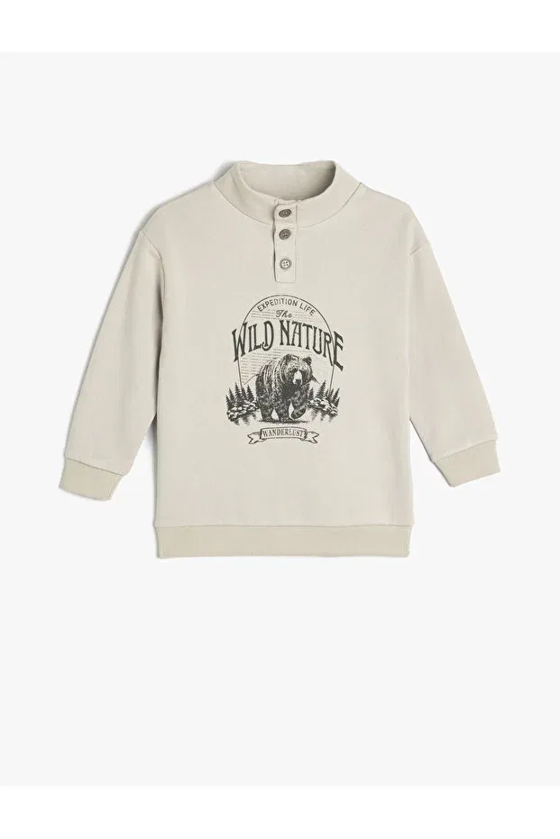 Детская толстовка для мальчиков с принтом Stand Collar Button Detailed Printed Cotton Raised Oversize Koton, Gray