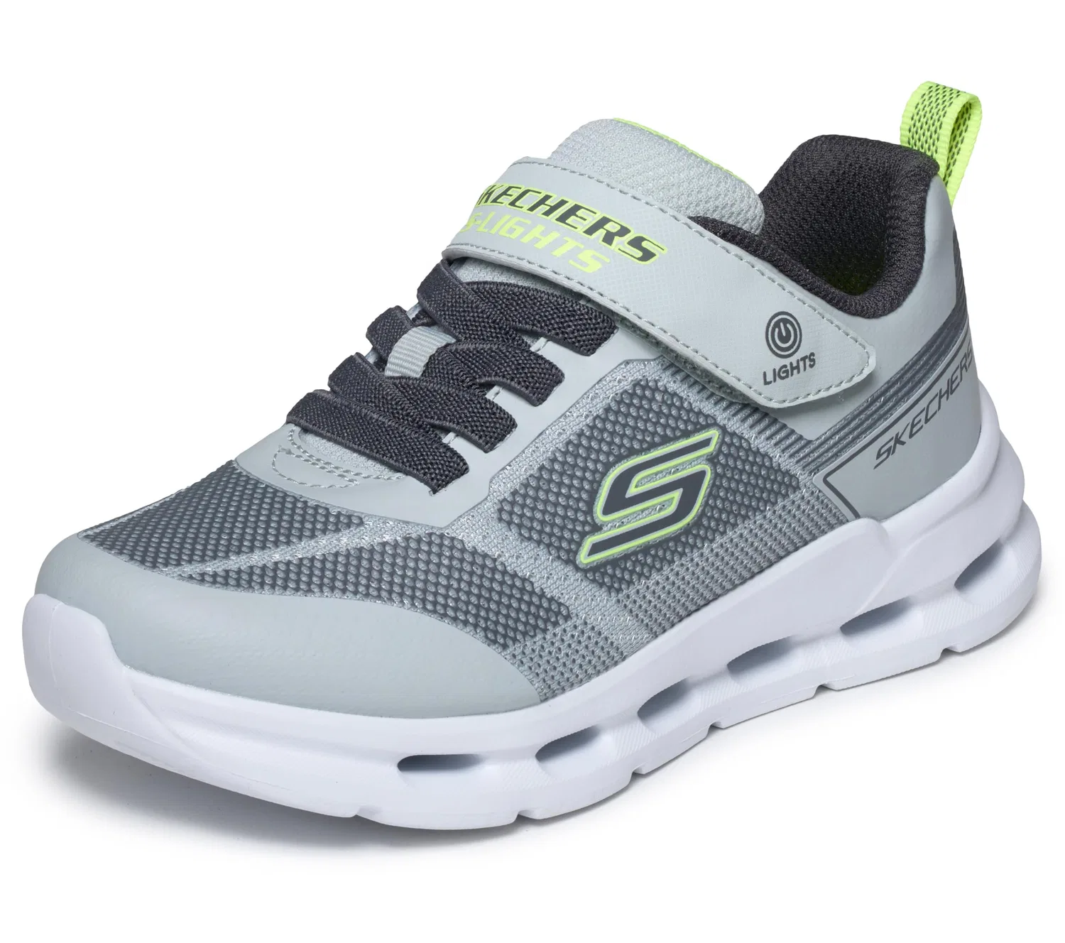 Детские кроссовки для мальчиков со светодиодами Glide-step Lights Skechers, Grey Synthetic Textile Lime Trim