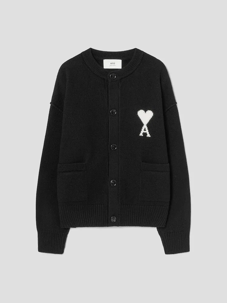 Кардиган с интарсией и фетровым логотипом Adc Intarsia Felted Crewneck AMI PARIS, Black