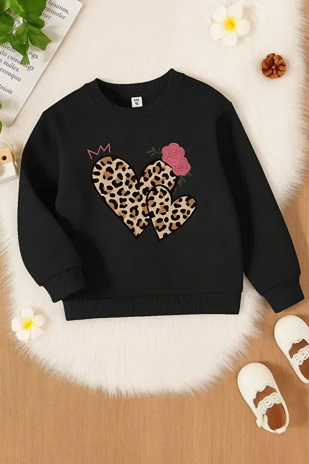 Детские свитшот для мальчиков с принтом 3 Yarn Combed Cotton Heart Leopard Printed Dm Dolce More, Black