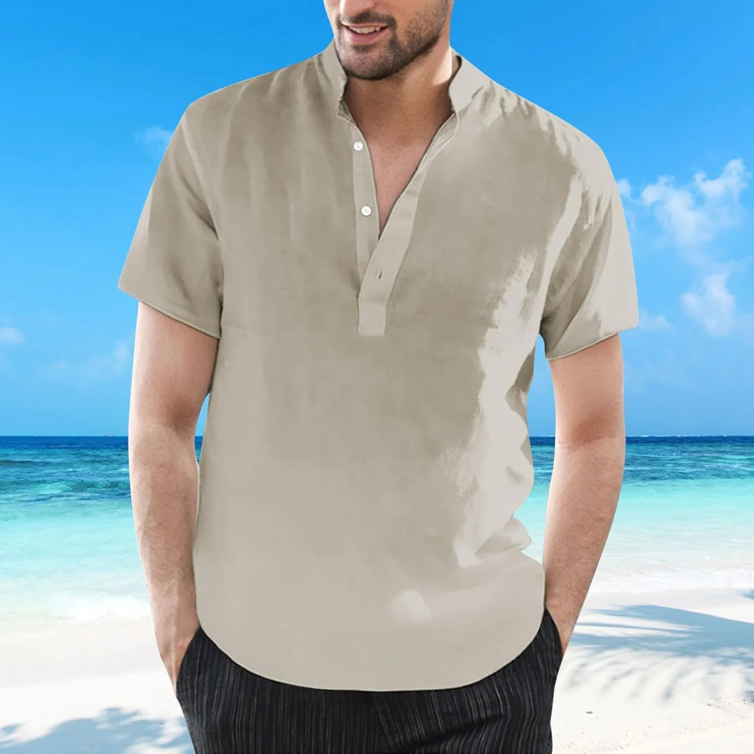 Мужская рубашка-поло из льна с коротким рукавом, Khaki#19-linen Henley Shirt — фото 2