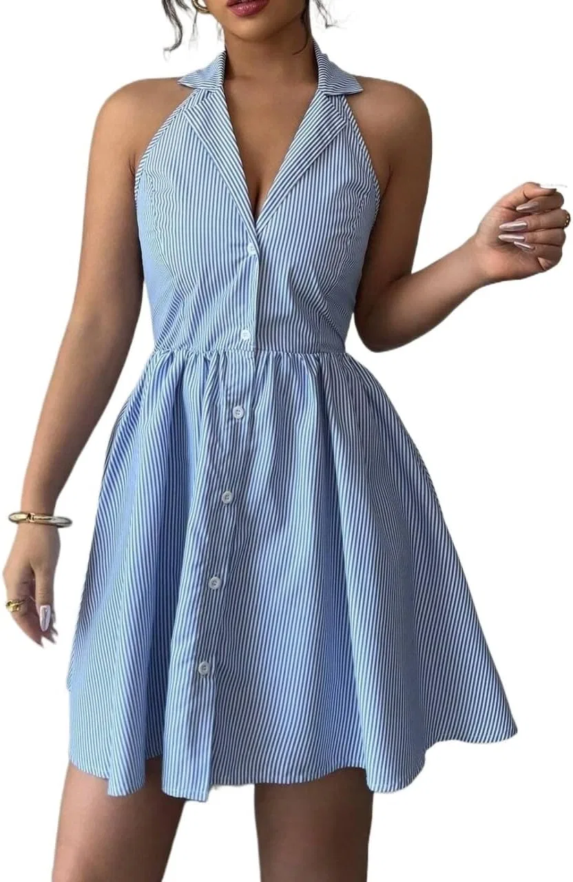 Женское мини-платье A-силуэта с полосками, Blue and White