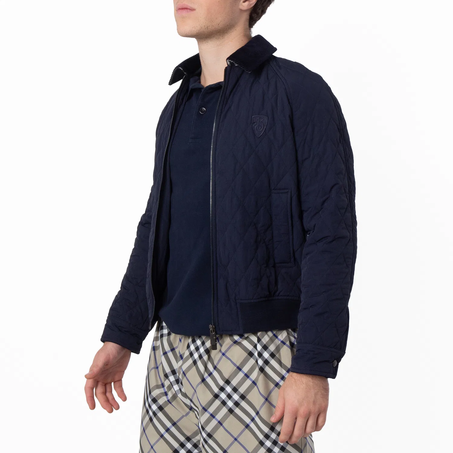 Куртка утепленная стеганая с вышитым логотипом Logo-Embroidered Quilted Jacket Burberry, Nvy/Chrcl Mel Ip Chk