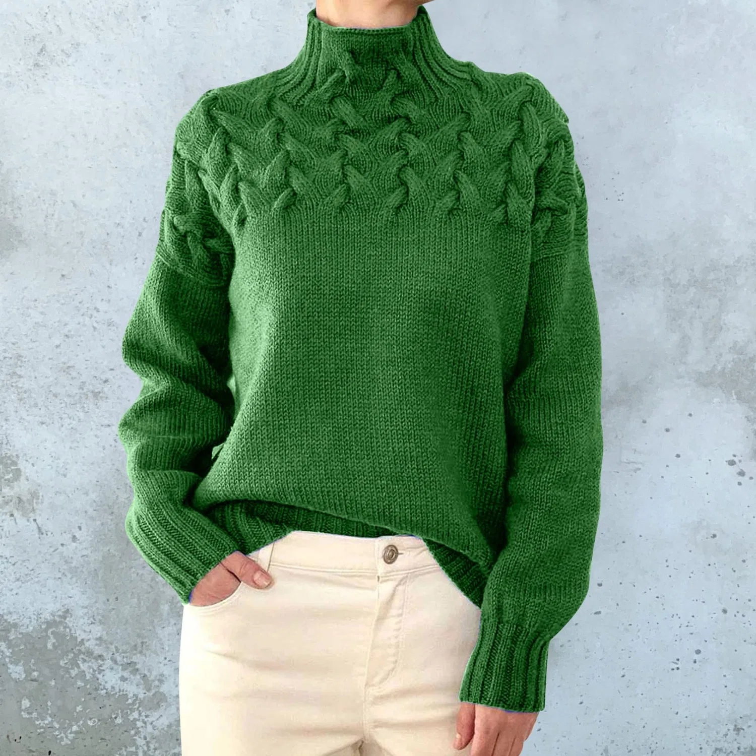 Женский свитер с высоким воротом и косами, с длинным рукавом, Green — фото 2