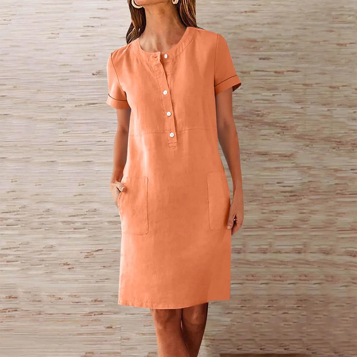 Женское мини-платье с коротким рукавом и карманами, Orange-1 — фото 2