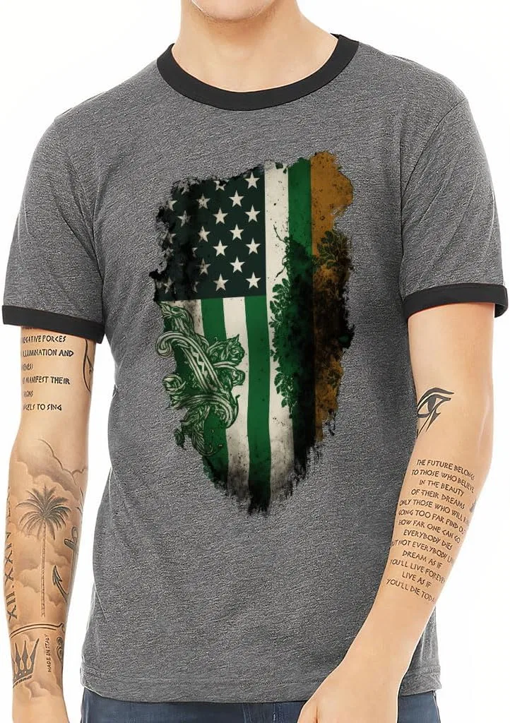 Мужская футболка с принтом Irish American Flag Ringer, Deep Heather Black