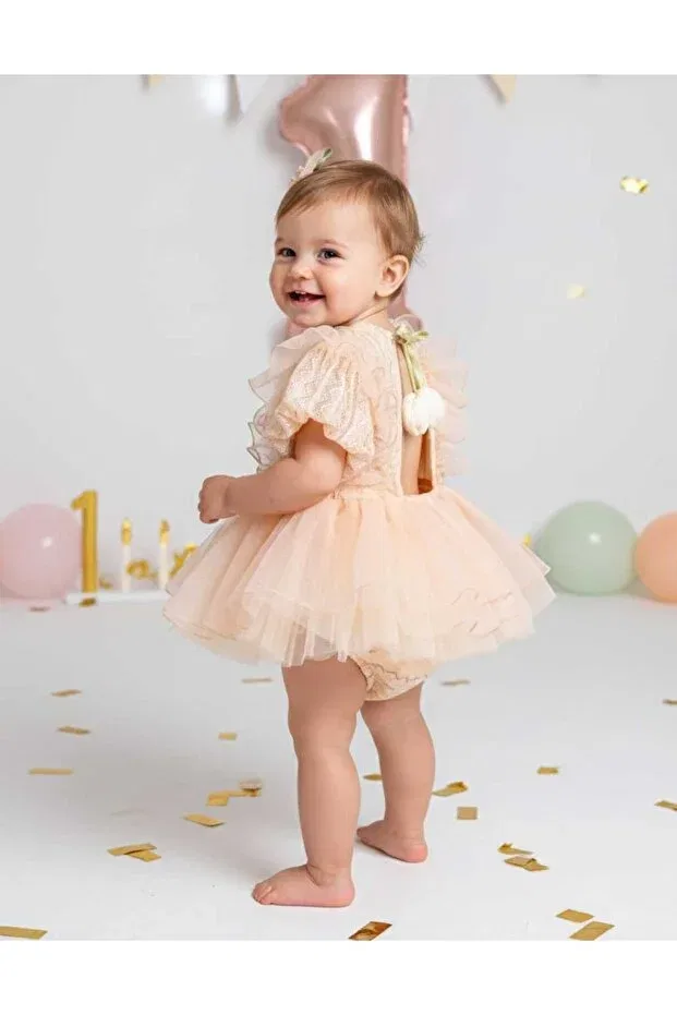 Детский комбинезон для девочек кружевной Tulip back detailed baby girl romper Ministok, Salmon