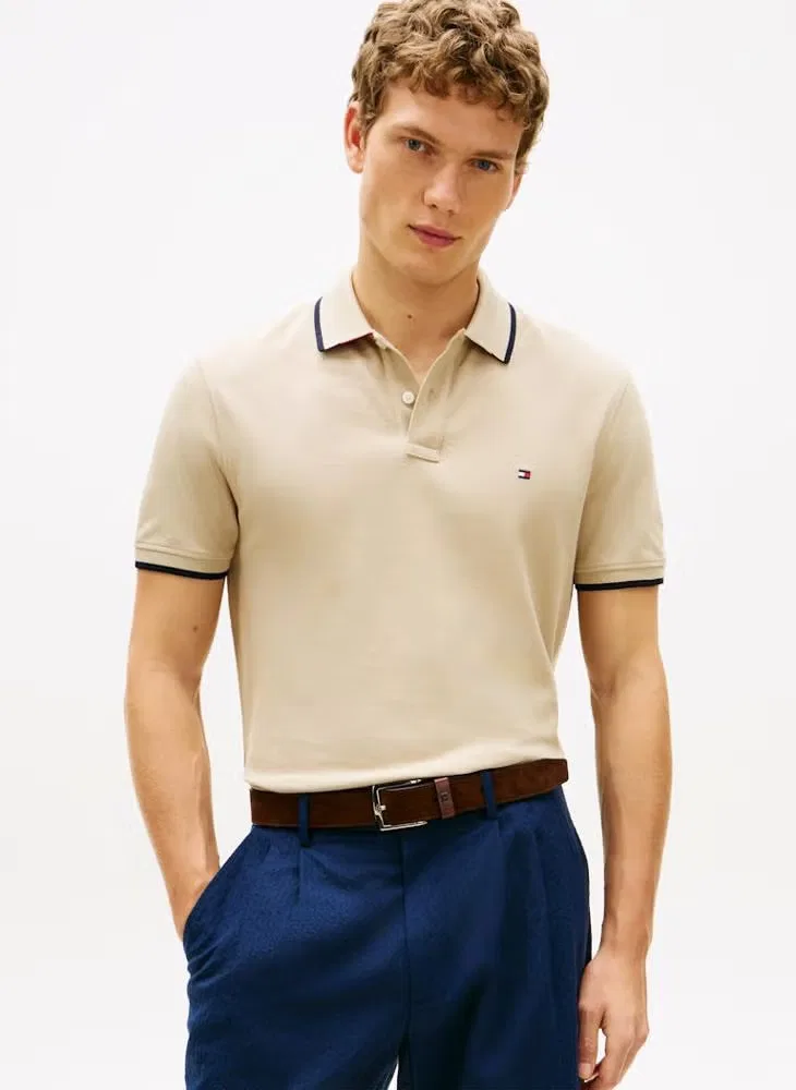 Поло с контрастной отделкой, хлопковое, Tommy Hilfiger, сандаловый
