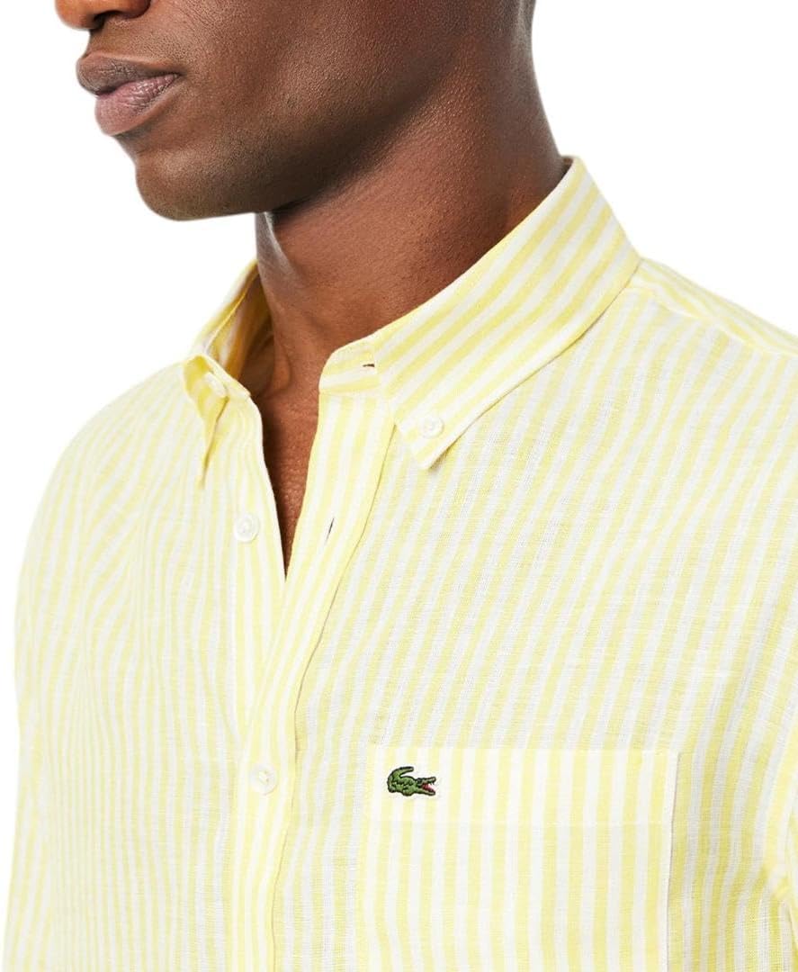Рубашка мужская Lacoste с длинным рукавом в полоску, Regular Fit, из основной коллекции, Льняная, желто-белый — фото 2