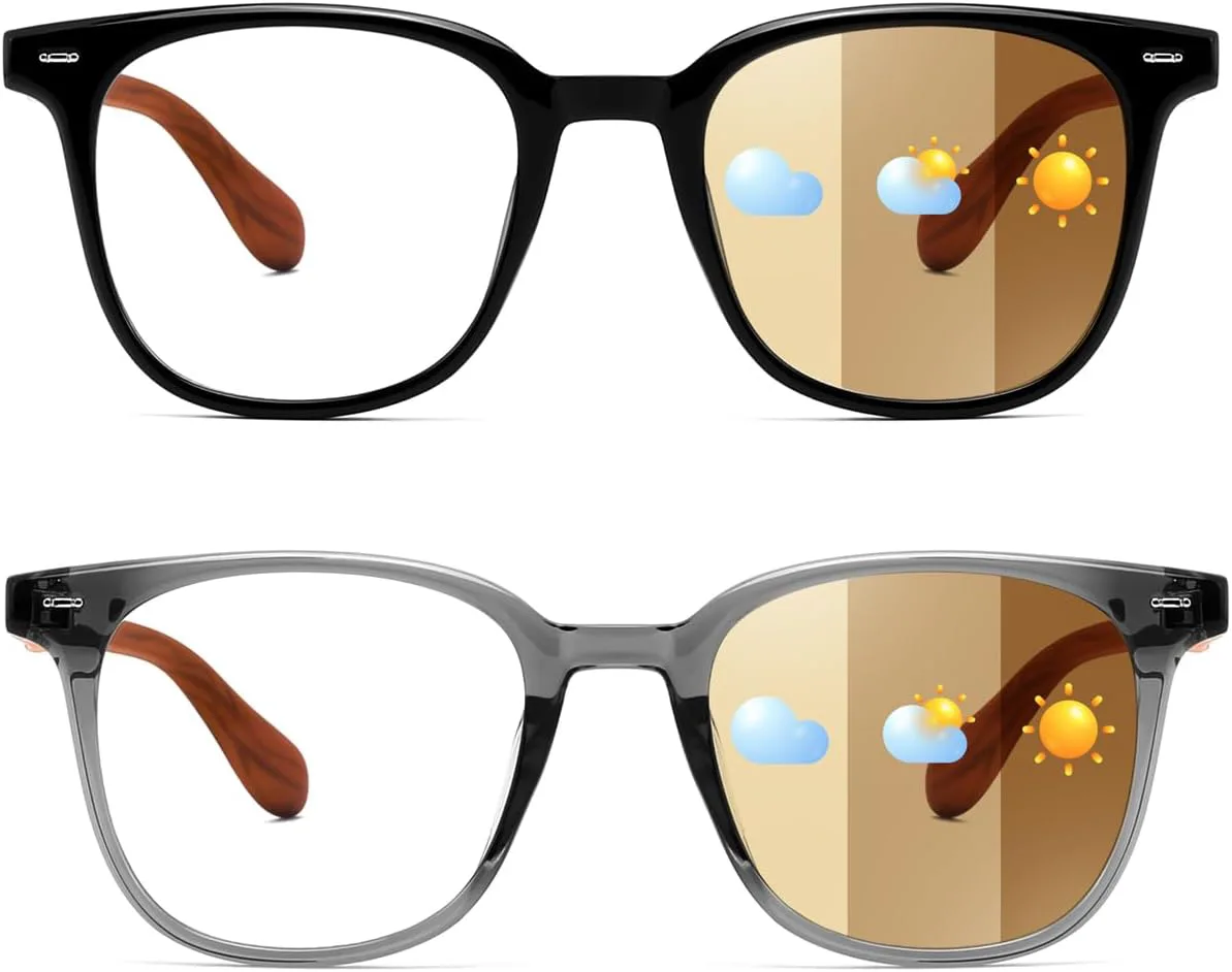 

Karsaer 2 шт. Фотохромные очки, блокируют синий свет, для компьютера, дневные и ночные, деревянные дужки, Black Frame Changes to Tea+gray Frame Changes to Tea