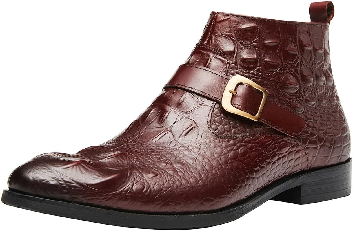 

Мужские ботинки Santimon Mens Chelsea с молнией и пряжками, из натуральной кожи с аллигаторским тиснением, лакированные короткие ботинки для мужчин, модные, для выпускного, свадьбы, вечеринки, ковбойские, смокинг, вестерн, бордовый