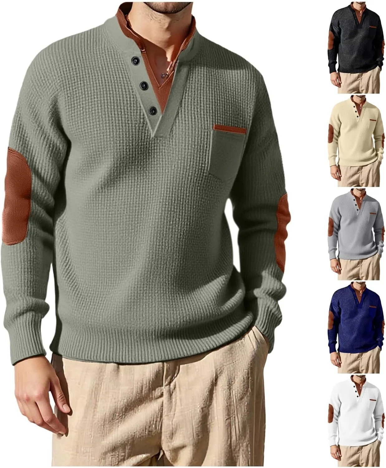 

Мужской свитер хенли с длинным рукавом и V-образным вырезом