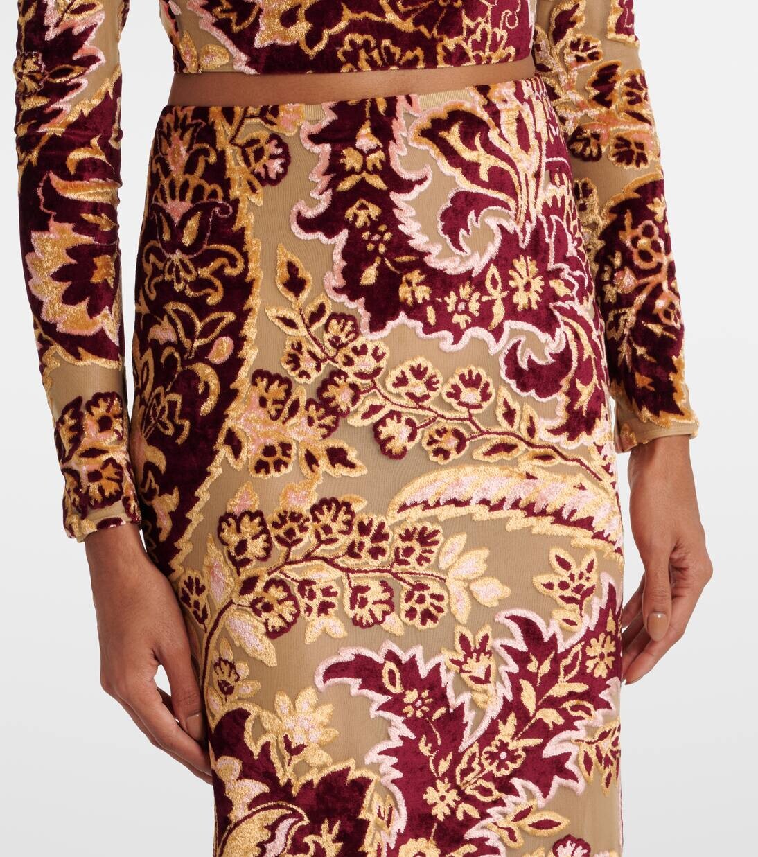 Юбка миди из бархата с жаккардовым узором и узором пейсли Etro, цвет multicolour on beige base — фото 4