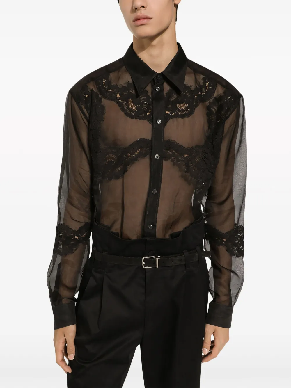 Прозрачная рубашка из органзы с кружевом DOLCE & GABBANA, черный — фото 4