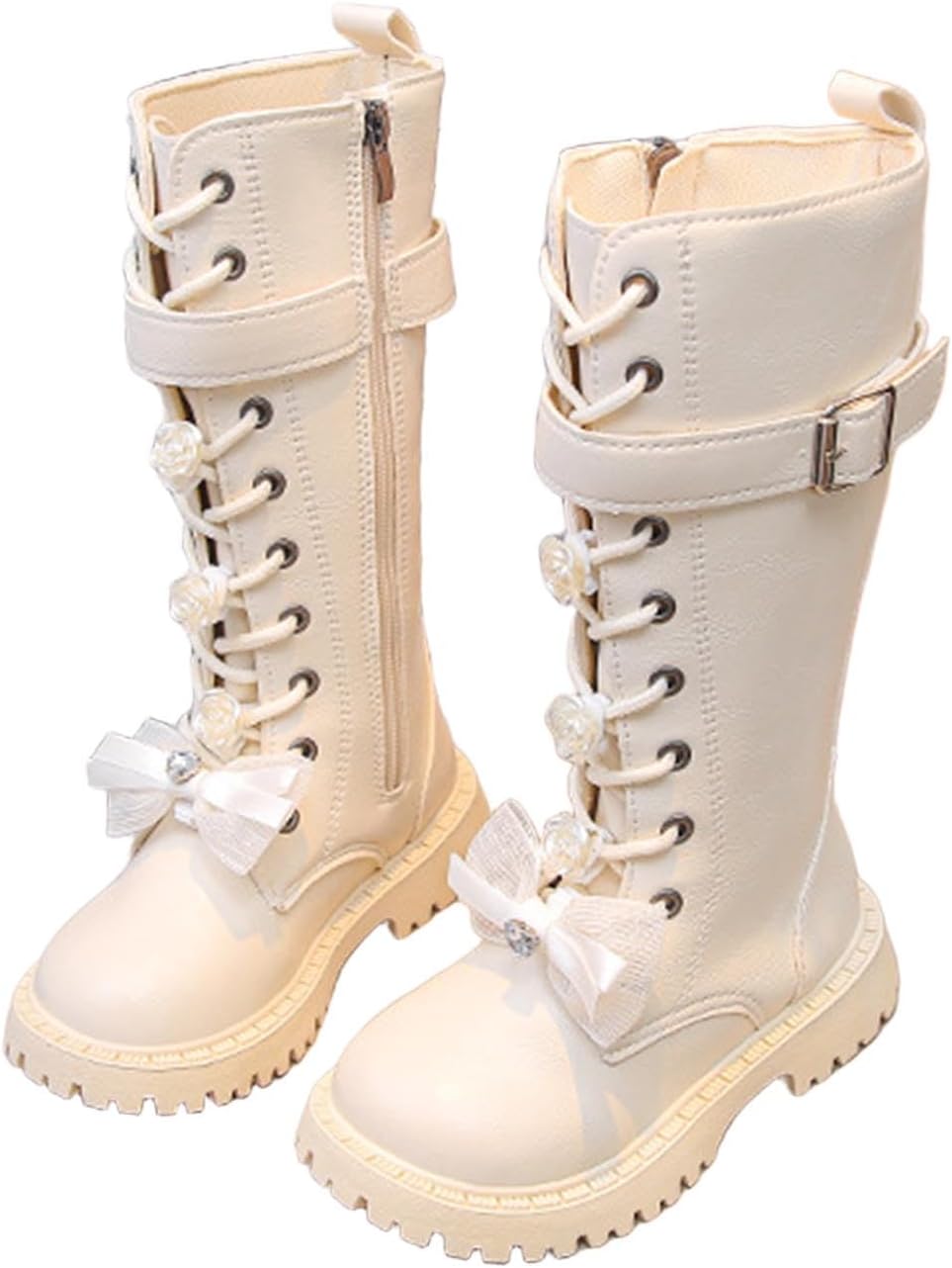 

Девочковые Ботинки с Боковой Молнией до Середины Голени, Тактические и Всаднические, Модные, С Шнуровкой, Водонепроницаемые, Из Искусственной Кожи, Высокие, Зимние с Бантом Generic, White