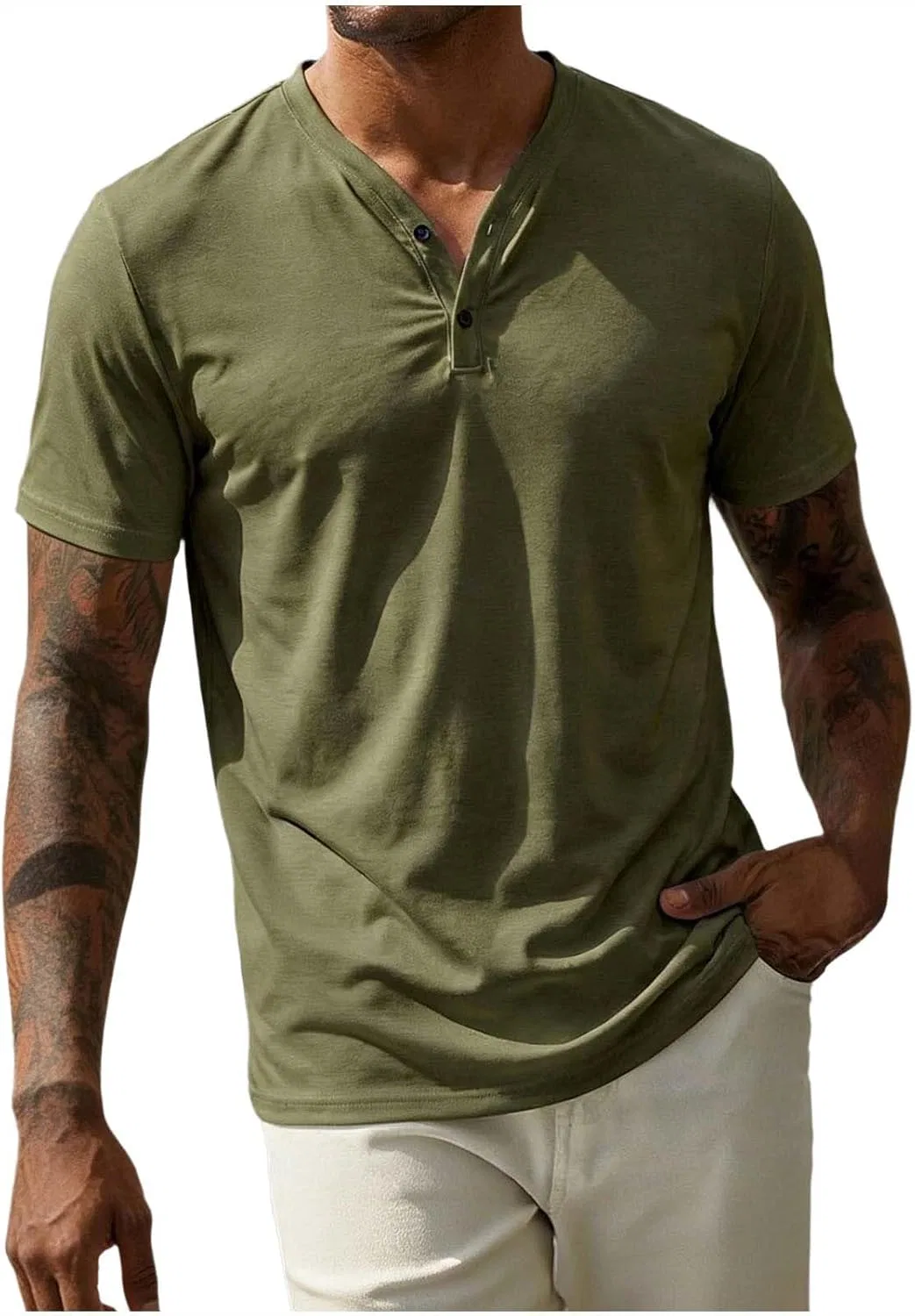 Мужская футболка повседневная с воротником-поло Cotton Linen Henley, Army Green