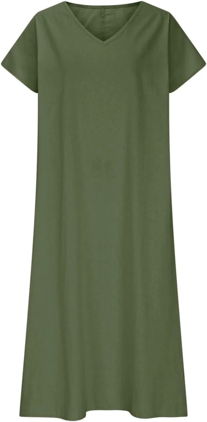 Женское свободное макси-платье V-образным вырезом, Army Green — фото 4