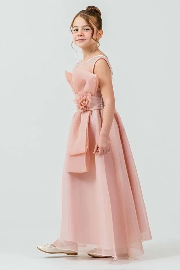 Детское платье для девочек с принтом Girl'S organza tulle flower and bow detailed gipe back princess evening dress m00800 pudra Mnk Baby&Kids, Powder — фото 3