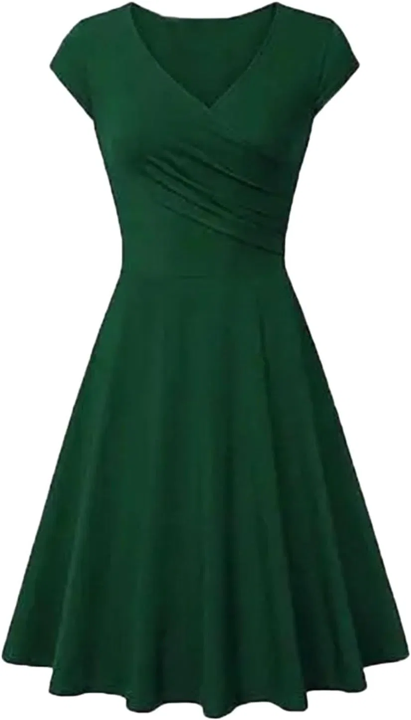Женское платье миди с V-образным вырезом swing silhouette, Blackish Green