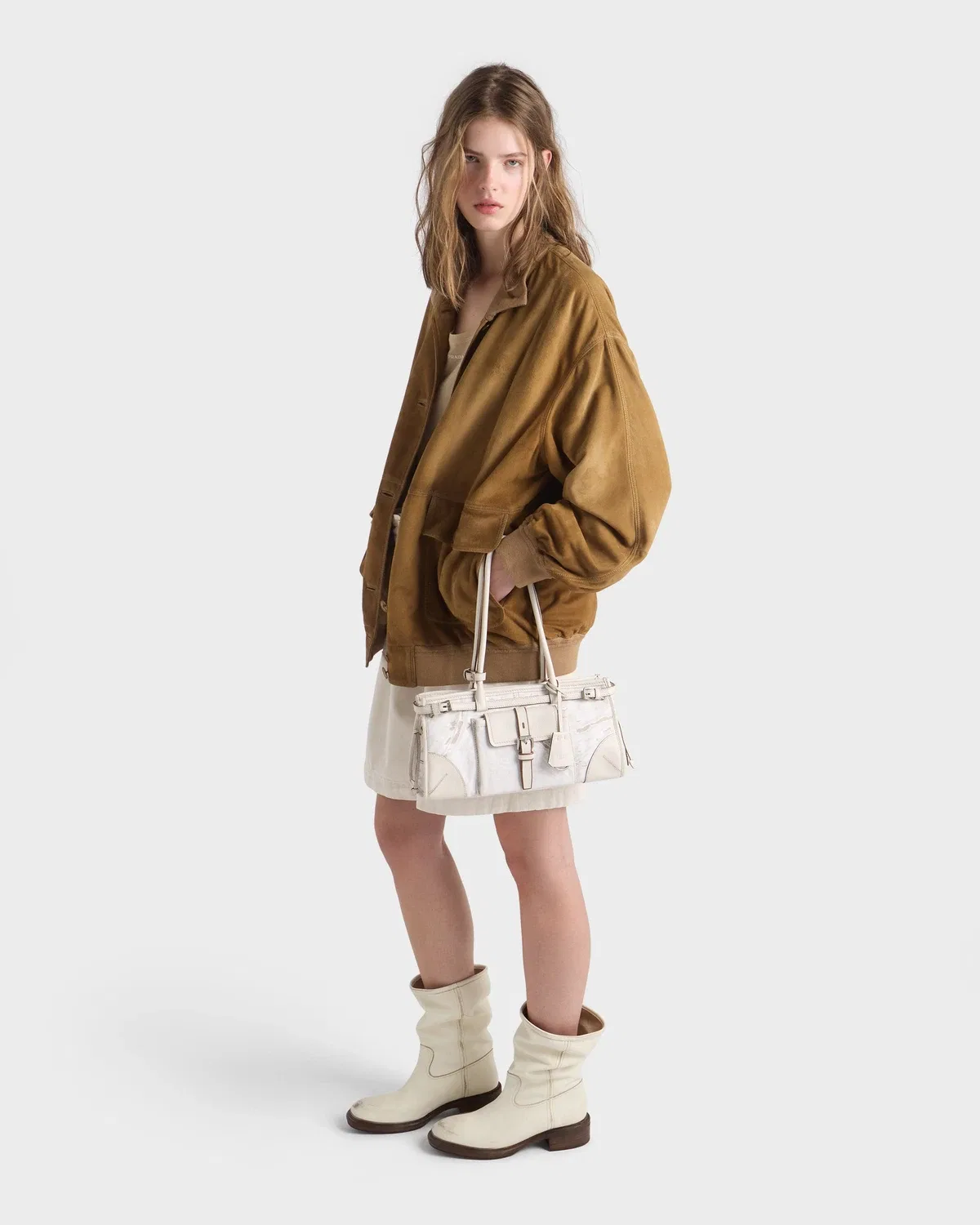Сумка Prada Bonnie среднего размера из льна с принтом и кожи, белый — фото 2