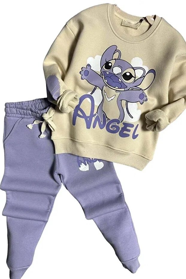 Детский комплект спортивного костюма для девочек с принтом Stitch Character and Angel Text Riccotarz, Lilac — фото 3