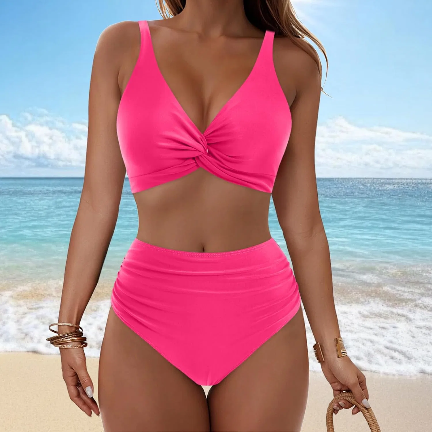 Женский купальный костюм с завышенной талией Twist Front, Hot Pink — фото 2