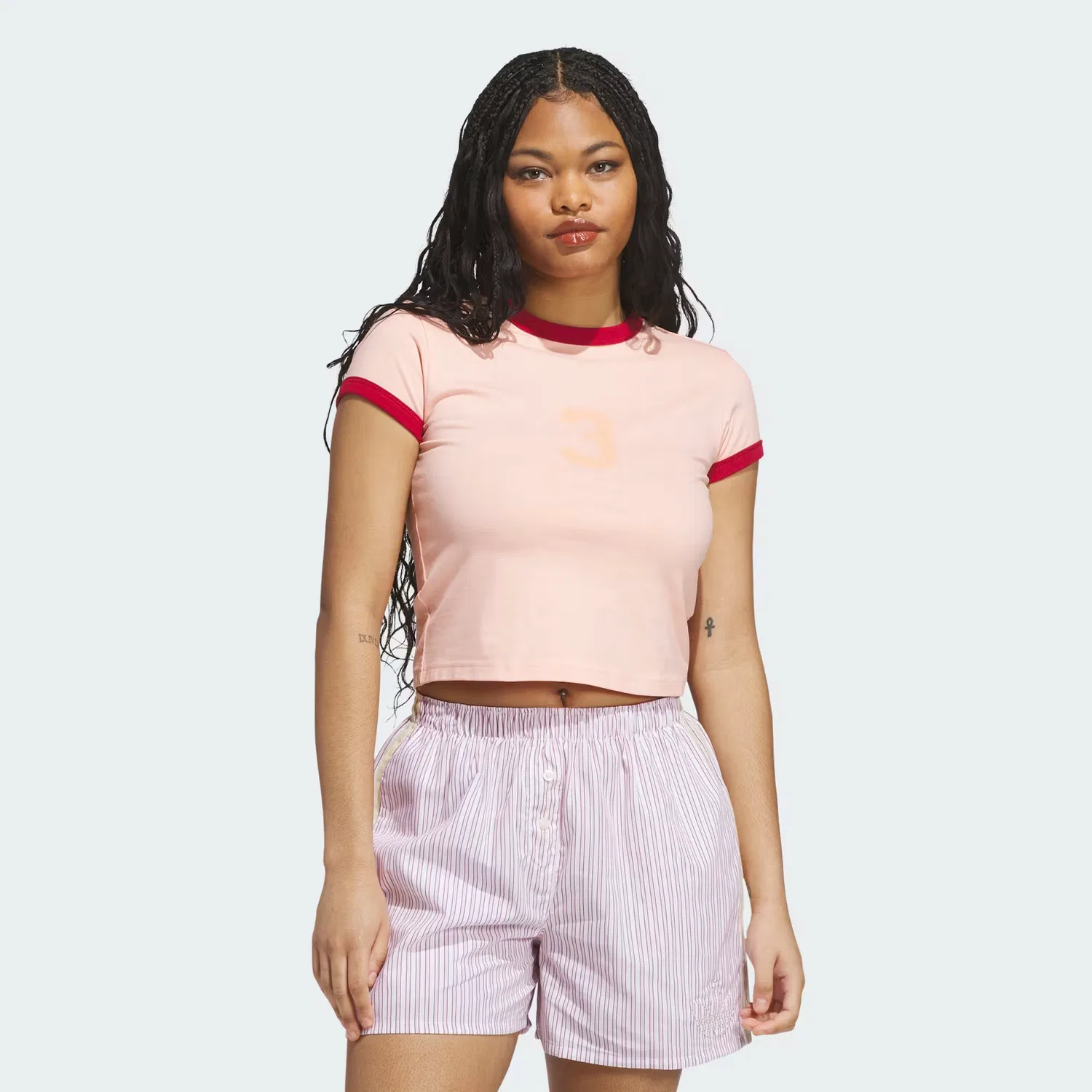 Женская футболка-беби-ти с графическим принтом GRAPHIC RINGER BABY TEE Adidas Originals, ярко-розовый