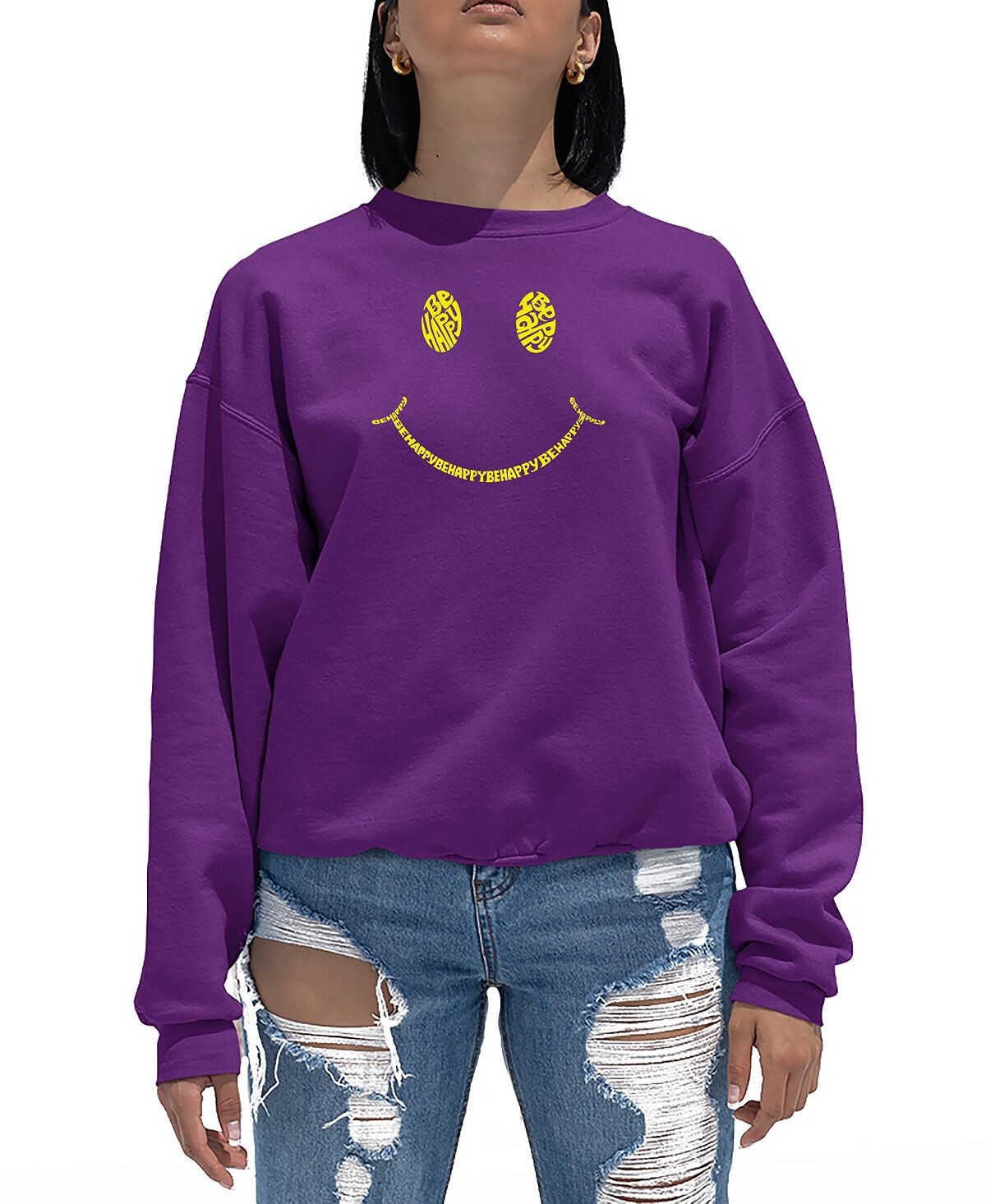

Женская толстовка с круглым вырезом be happy smiley face word art LA Pop Art, фиолетовый