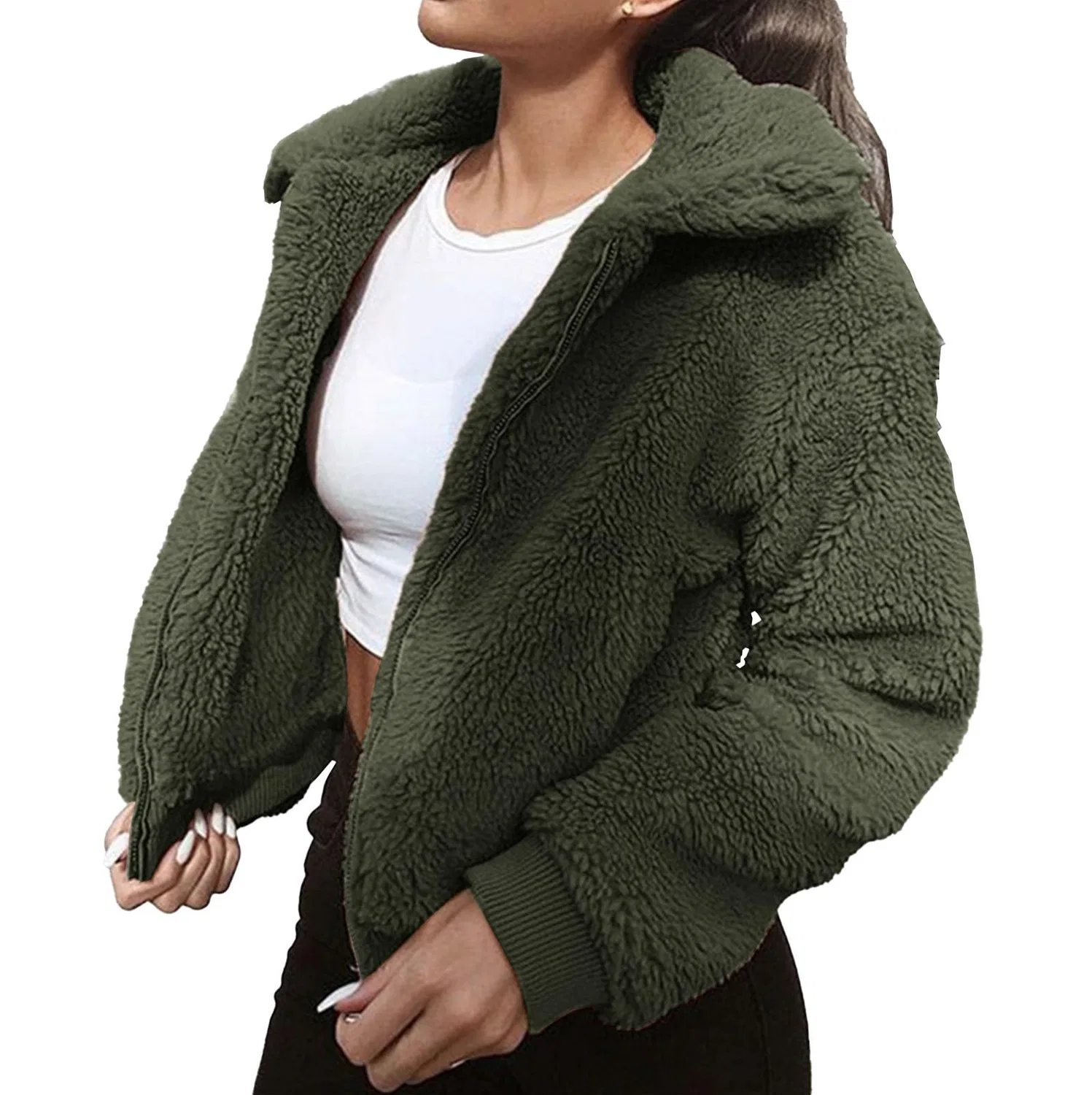 Женское зимнее пальто из искусственного меха с карманами, Army Green