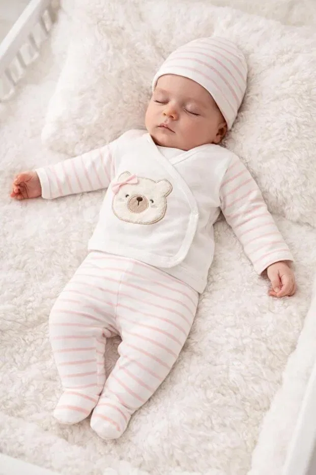 Детский комплект для новорожденных девочек хлопковый Bear Embroidered Pink Striped Bys Baby Fashion, White Pink
