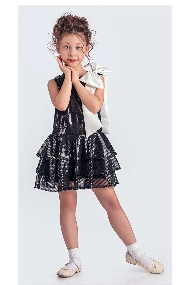 Детское платье для девочек с пайетками Collar bow sparkly sequin fabric girls evening dress m00702 Mnk Baby&Kids, Black — фото 3
