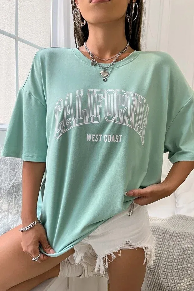 Детская футболка оверсайз с принтом Unisex mint green california printed oversize Revasser, Green