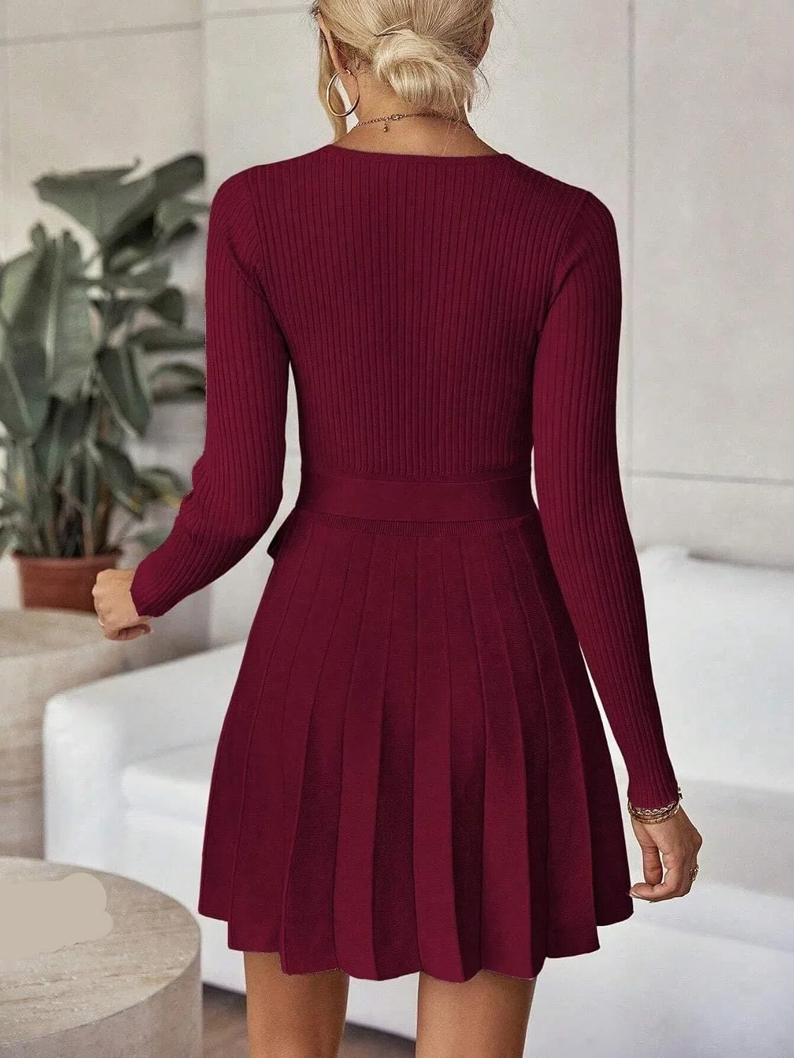 Женское платье миди с поясом и плиссе Casual, Burgundy — фото 3