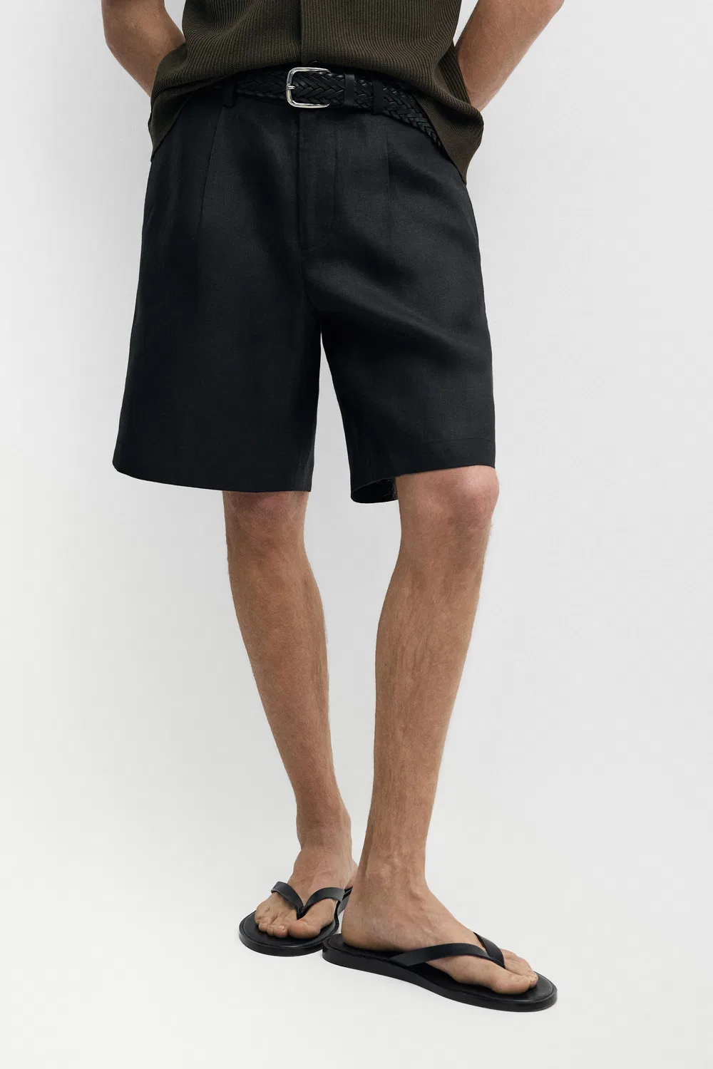 Льняные бермуды с вытачками Massimo Dutti, черный — фото 2