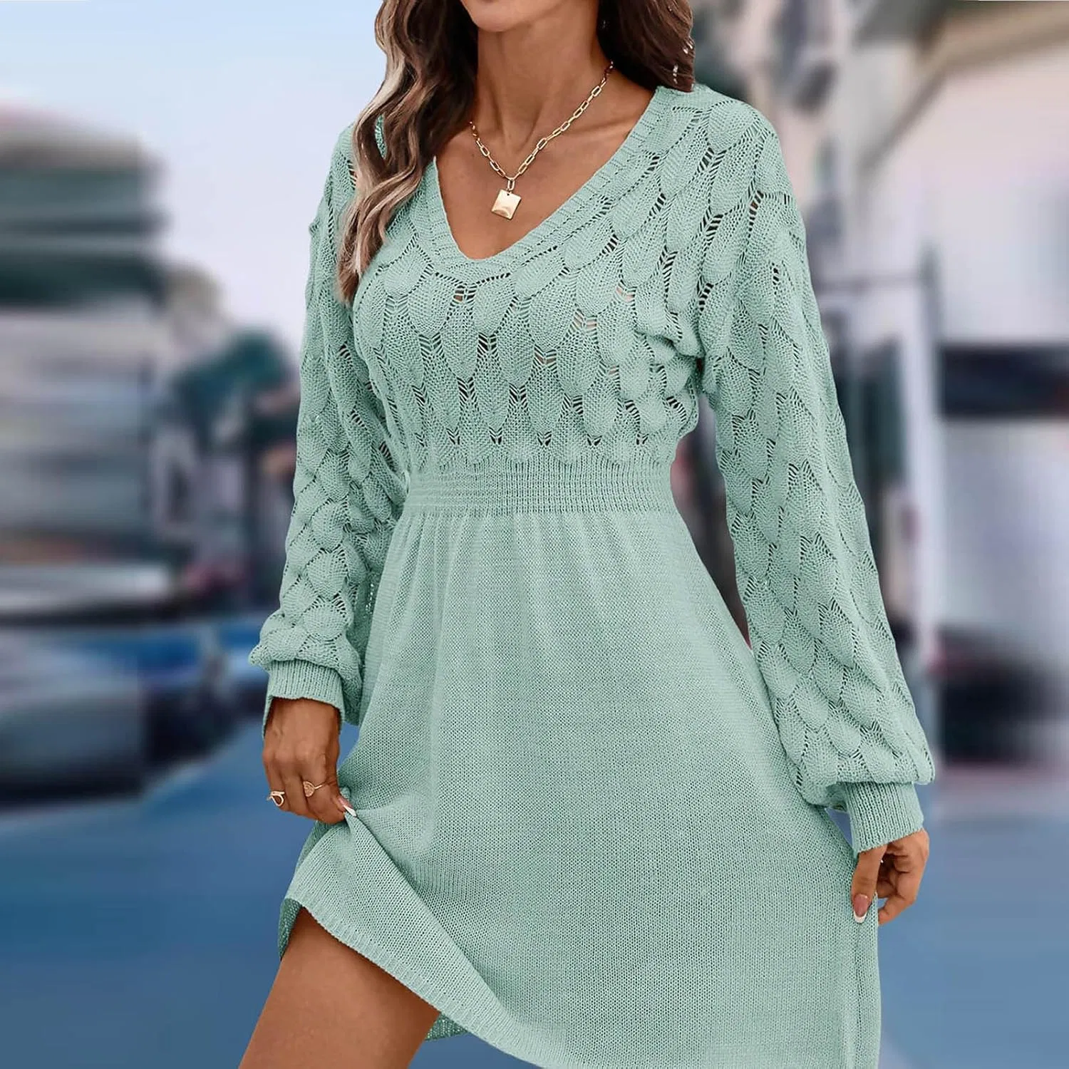 Женское платье с V-образным вырезом и высокой талией, Light Blue — фото 2