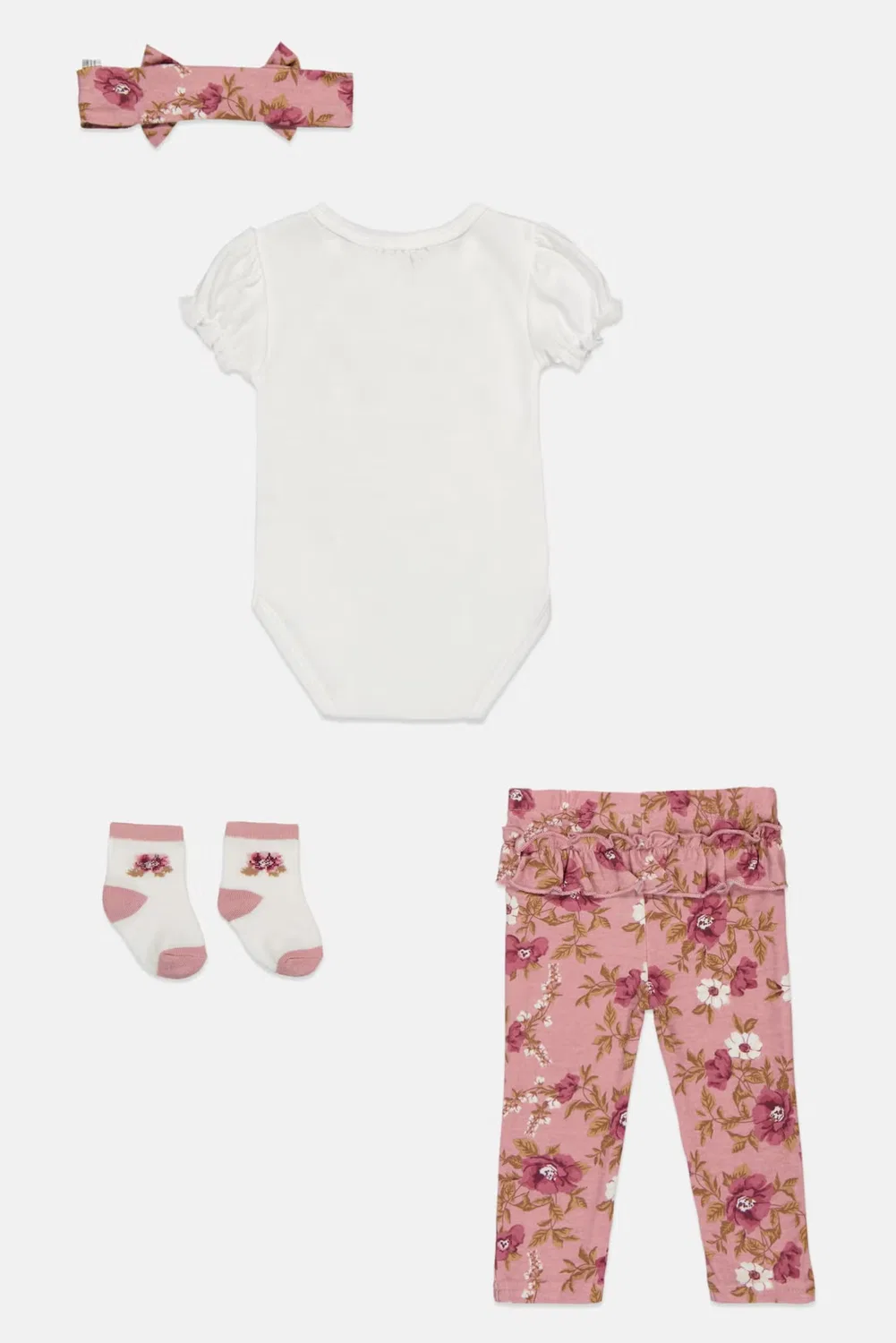 Комплект боди-комбинезон и штаны с вышивкой, повязка и носки Baby Essentials, разноцветный — фото 2
