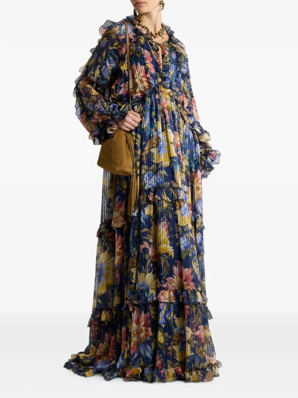 Длинное платье с оборками и цветочным узором Etro, синий — фото 2