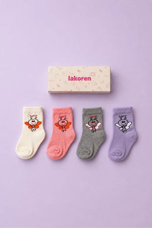Детские носки с узором Organic cotton premium 4-piece baby & kids socks with fairy wings pattern Lakoren, White