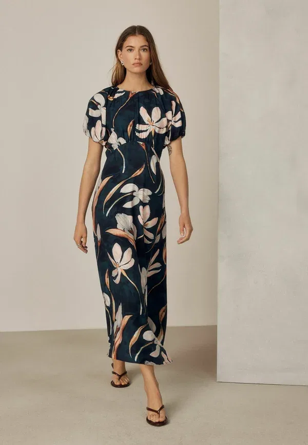 Платье миди с цветочным принтом Regular fit puff sleeve midi dress Next, Navy Blue Floral Printed, темно-синий