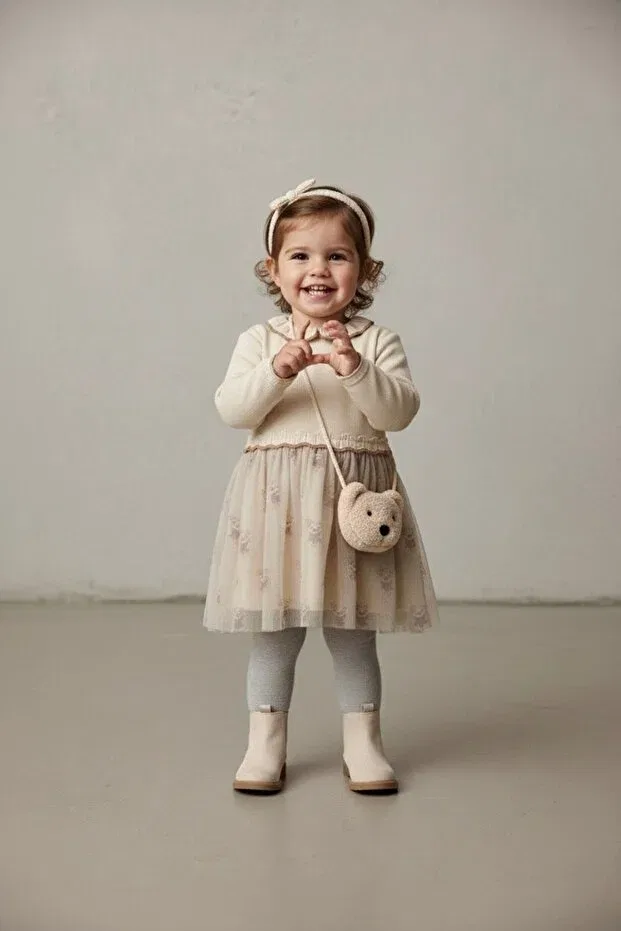 Детский комплект для девочек с принтом Teddy Bear Bag and Tulle Skirt Minigimin Cicileri, Cream